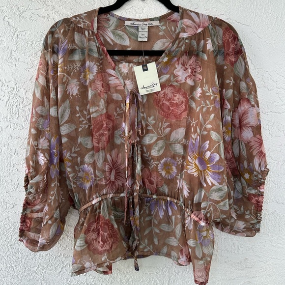 American Rag Tops - American Rag Blouse Sheer Floral Front Tie XS NWT
